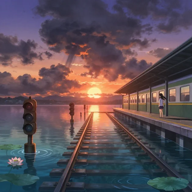 Submerged station with Shinkai aesthetics