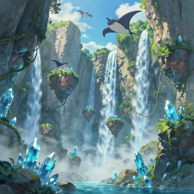 Crystal canyon with Ghibli aesthetics