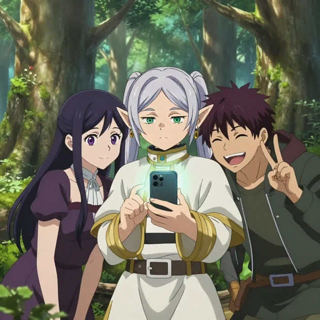 Frieren, Fern, and Stark taking a selfie